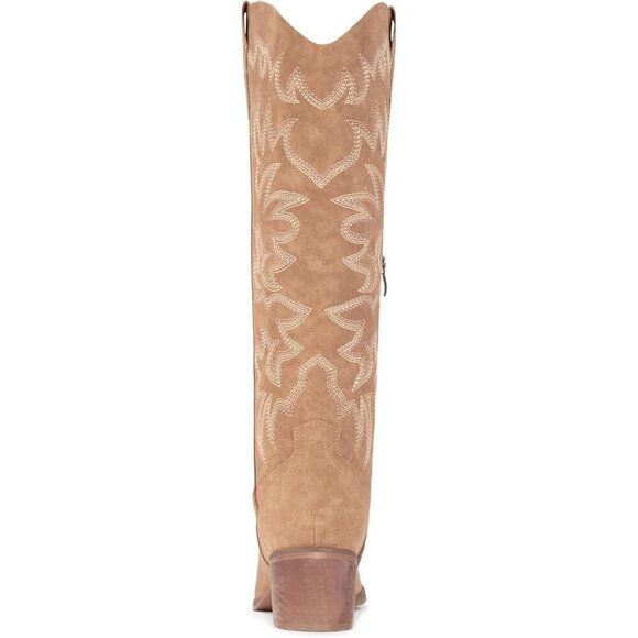 Women Faux Leather Apricot Side Zipper Chunky Heel Knee High Western Boots - Picture 4 of 4